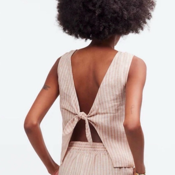 Madewell Tops - Madewell Beige & White Striped 100% Linen Open Tie Back Tank Top Size 14